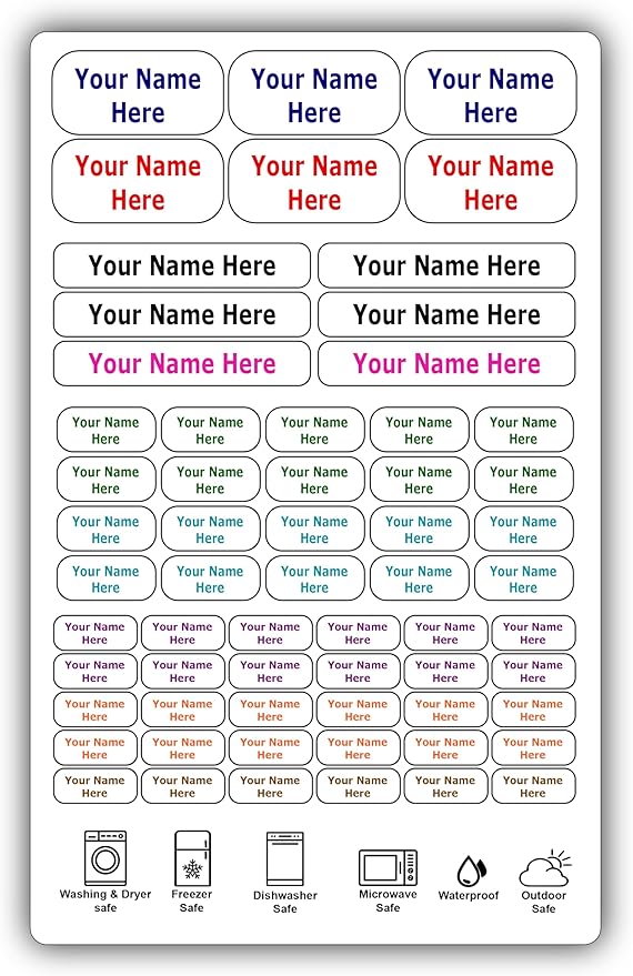 62 Personalized Waterproof Name Labels. Press and Stick Multi use Custom Name Labels. Highly Durable Customized Name Stickers with Permanent Self Adhesive. Great for School, Daycare or Camp.
