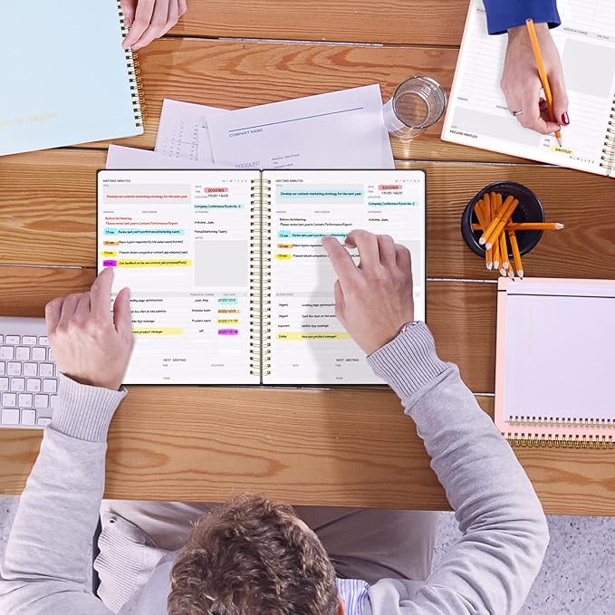 SUNEE Meeting Notebook for Work with Sticky Tabs - 160 Pages, B5 Size Project Planner, Spiral Meeting Agenda/Minutes Notebook Organizer for Women Men, Note Taking, Office & Business, 7"x10", Black
