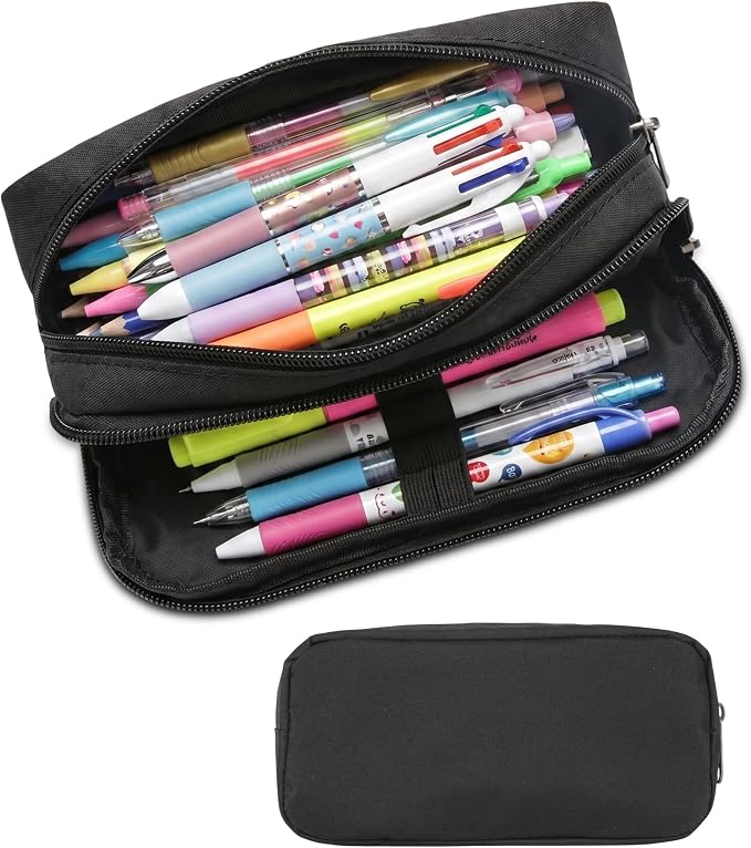 Della Gao Large Pencil Case, Big Capacity Pencil Pouch with 2 Compartments | Office Pencil Bag with Zipper, Big Pen Case for Adults (01-Black)