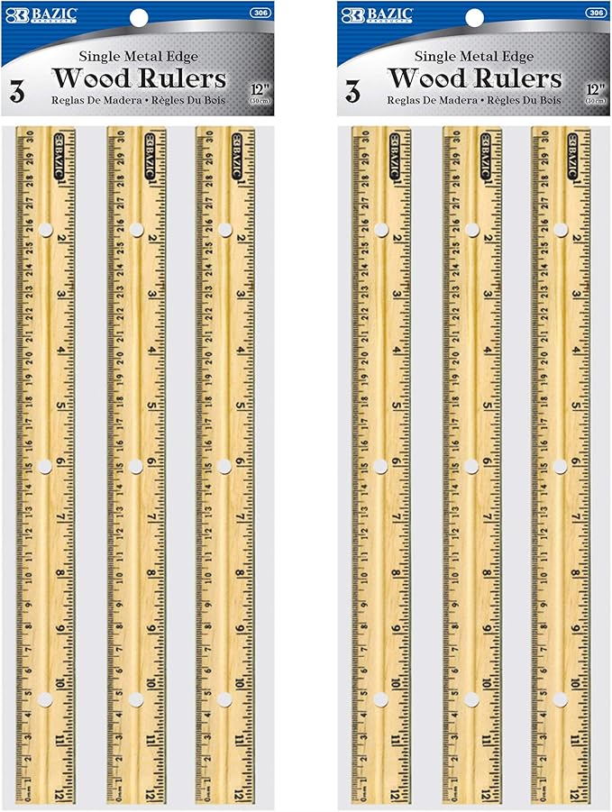 BAZIC Products Wooden Ruler 12" (30cm), Singel Metal Edge, Inches Centimeter Metric Measuring Drafting Rulers, for Students School Supplies (3/Pack), 2-Packs