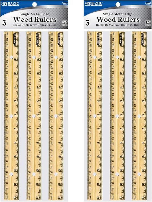 BAZIC Products Wooden Ruler 12" (30cm), Singel Metal Edge, Inches Centimeter Metric Measuring Drafting Rulers, for Students School Supplies (3/Pack), 2-Packs