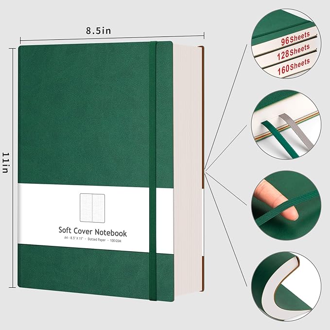 AHGXG Dotted Journal - Large A4 Notebook Dotted, 8.5''×11'', 320 Pages Dot Grid Notebook, 100gsm Thick Paper, Leather Softcover, with Journal Stencils, Inner Pocket, Dark Green