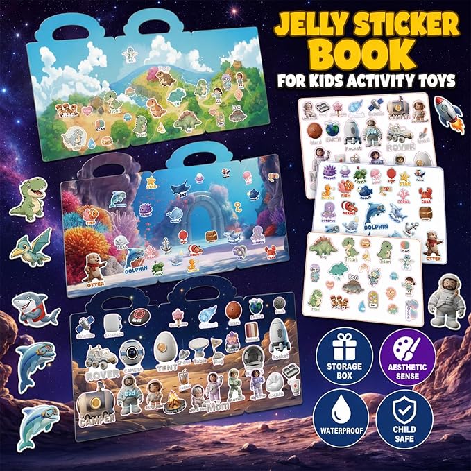 6 Sets Reusable Sticker Books for Toddlers 3-6, Jelly Sticker Book Toddlers 1-3, Kids Sticker Activity Toys 3 4 5 6, Waterproof Travel Books Girls & Boys