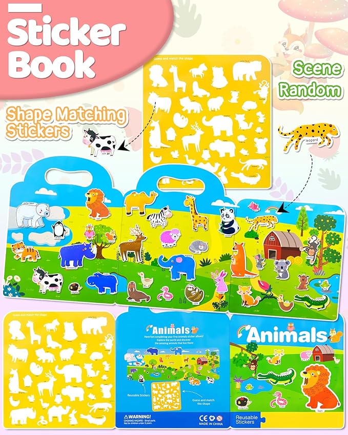 Benresive Reusable Sticker Book for Toddlers, Stickers for Kids, Travel Toys for Arts & Crafts Activities, Birthday Gift for Boys & Girls, Animal Themes