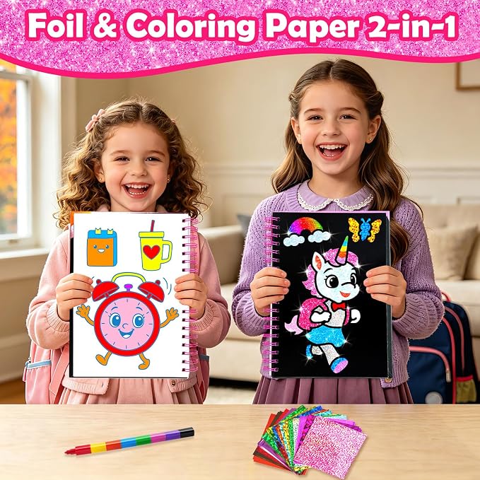 FUNNYB&G Foil Art Craft Kit for Girls 4-10 Years Old: Mess-Free & No-Glue, Create 16 Back to School Pictures – Perfect Travel Toy & Birthday Gift for Kids (Back to School)