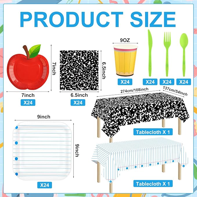 170 Pcs Back to School Party Supplies Tableware Set Red Apple Pencils Paper Plates Napkins Cups Composition Notebook Disposable Tablecloth for Preschool First Day of School Graduation Party, Serves 24