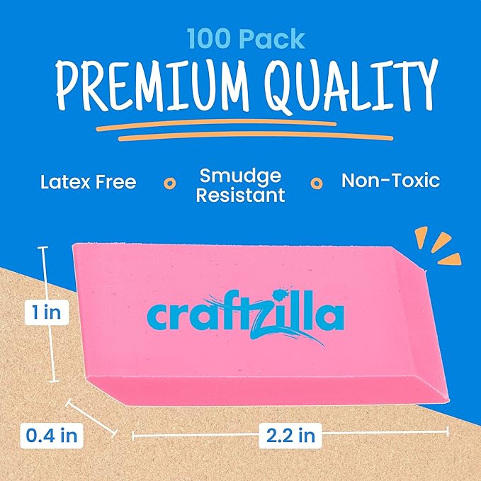 Craftzilla Pink Erasers Bulk 100 Pack - Large Latex- Free Bulk Erasers for Kids, Classroom, and School Supplies - Ideal for Pencils and Drawing - Teacher Supplies - Borradores Escolares
