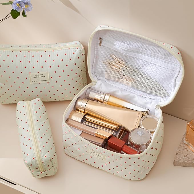 HBselect Quilted Makeup Bag, 3Pcs Cotton Large Travel Makeup Bags Organizer | Cute Floral Make up Bag Cosmetic Bag Toiletry Bag for Women Girls, Makeup Pouch for Skincare, Brushes & Travel Essentials
