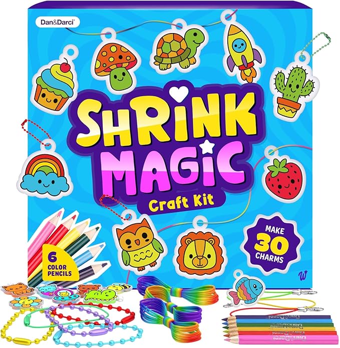 Dan&Darci Shrink Art Craft Kit for Girls and Boys Ages 6-12 - Shrink Magic Charm Making Kit with 30 Pre-Cut Shrink Plastic Templates - Kids Craft Birthday Gift for 7 8 9 10 Year Olds