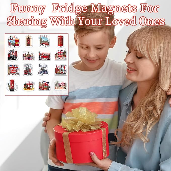 Wxiben London Fridge Magnets Gifts - 16Pcs London Souvenirs Gift City Travel Magnetic Refrigerator United Kingdom Red Phone Box Fridge Magnetic Stickers for Home Kitchen Office Locker Traveler Tourist