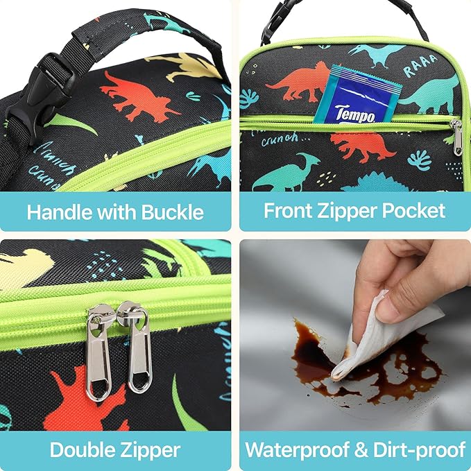 Bagseri Kids Lunch Box for Boys - Insulated Toddler Lunch Bag Fits Bento Box, Reusable Daycare Cooler Tote with Clip Handle, Water-Resistant Lining, Black Dinosaur