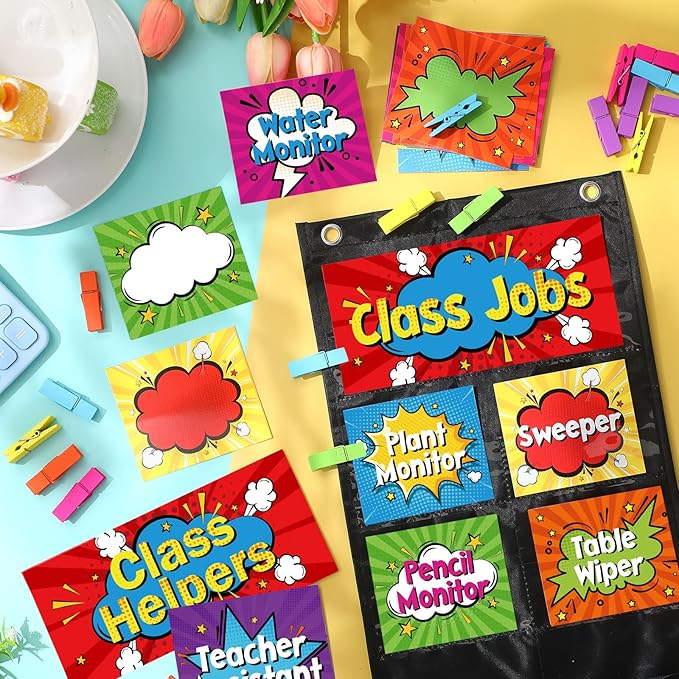 Pasimy Hero Class Jobs Pocket Chart Class Helpers Pocket Chart Classroom Jobs Cards with Clips and Hooks Teacher Helper Bulletin Board Set for Back to School Classroom Teacher Supplies