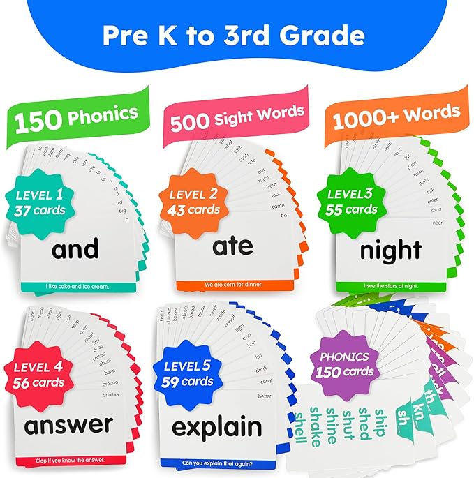 BenBen Sight Words & Phonics Flash Cards, 500 Sight Words & 24 Phonics, 800+ Words, Learn to Read Dolch & Fry High Frequency Site Words for Pre-k Kindergarten 1st 2nd 3rd Grade Kids Ages 3-9