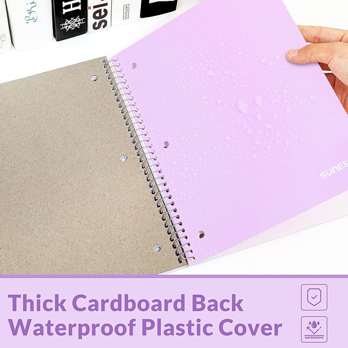 SUNEE Spiral Notebook, 1-Subject, College Ruled Paper, 8" x 10-1/2", 100 Sheets per Notebook, 3-Hole Punched Paper, Water Resistant Cover, Double-sided Pockets, Spiral Lined Notebooks for Work, Purple