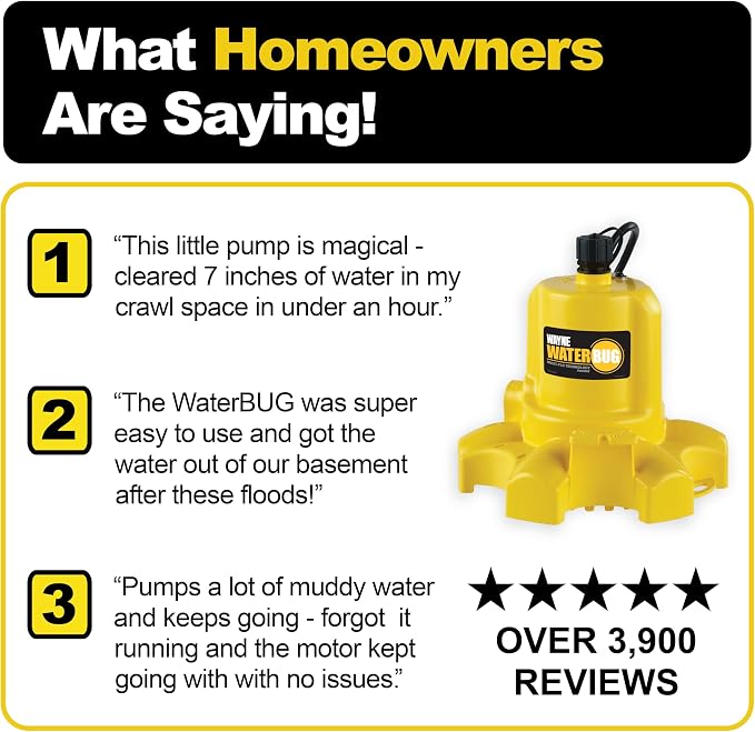 WAYNE - WaterBUG 1/6 HP 1350 GPH Submersible Pump with Multi-Flo Technology - Water Removal and Transfer Pump, Yellow