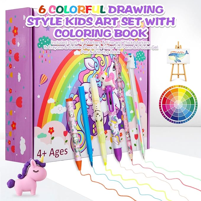 CozyJoyz Unicorn Washable Marker Set, 59 Pcs Arts and Crafts Coloring Set for Kids, Drawing Art Supplies Birthday Gifts for Girls Toys 4 5 6 7 8 9 Year Old (Purple)