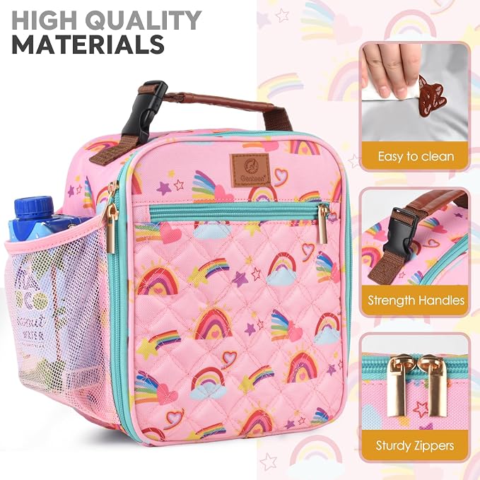 Genteen Kids Lunch Box Insulated Soft Mini Cooler with Bottle Holder, Lightweight Reusable Easy-Clean Lunch bag for Girls, Boys Back to School-Rainbow