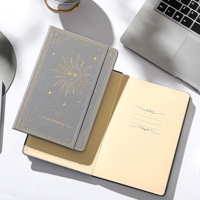 Artfan Ruled Notebook/Journal – Premium Thick Paper Classic Writing Notebook with Pocket + Page Dividers Gifts, Banded, Large, 128 Pages, Hard Cover, Lined (5.3" x 8.26") - Silver Grey