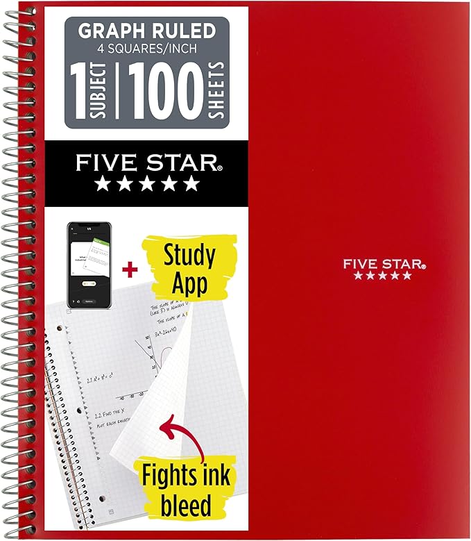 Five Star Spiral Notebook + Study App, 1 Subject, Graph Ruled Paper, 8-1/2" x 11", 100 Sheets, Fights Ink Bleed, Water Resistant Cover, Fire Red (620000D)