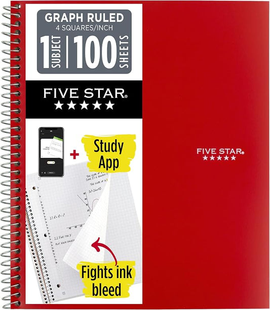 Five Star Spiral Notebook + Study App, 1 Subject, Graph Ruled Paper, 8-1/2" x 11", 100 Sheets, Fights Ink Bleed, Water Resistant Cover, Fire Red (620000D) (Pack of 12)