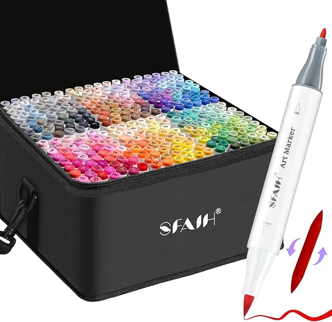 SFAIH Alcohol Markers Brush & Fine Tip 321 Set - Dual Tip Professional Artist Markers for Adult Coloring Books, Illustration, Manga, Animation, Architecture Sketching - Refillable Ink