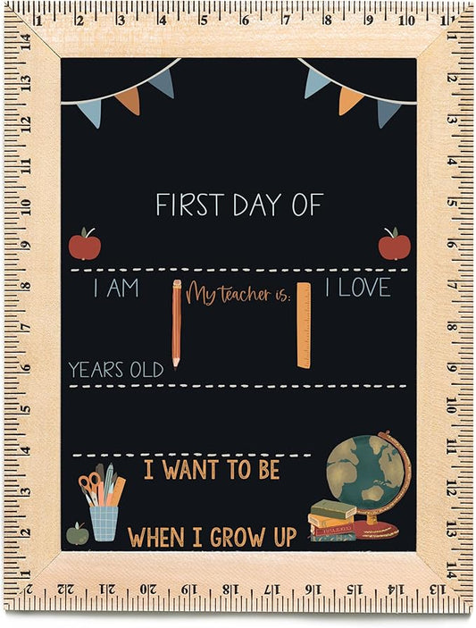 Bloom Owl First Day of School Chalkboard Sign - 11.5"x15" Reusable Back to School Photo Prop with Wooden Ruler Frame for Preschool, Kindergarten, and Beyond (Flags- Blue)