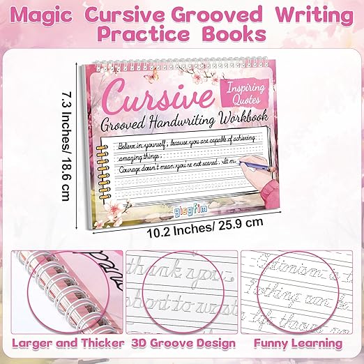 gisgfim Grooved Cursive Handwriting Workbook Magic Reusable Grooved Cursive Handwriting Practice Guided Tracing with Disappearing Ink Pens for Beginner Learning Activities Supplies (Inspiring Quotes)
