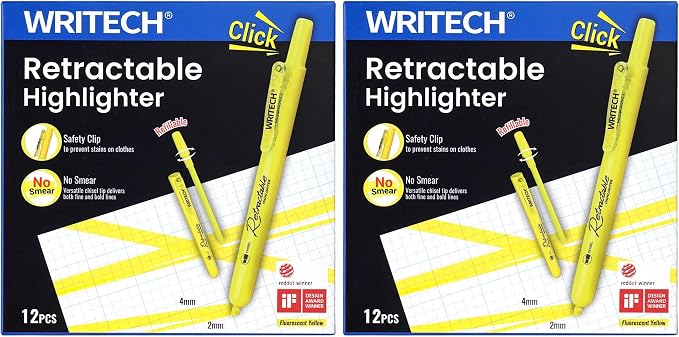 WRITECH Retractable Highlighters Chisel Tip: Fluorescent Yellow Ink Highlighter Marker Pens No Bleed & Smear Pack for Home School Office (12ct Yellow) (Pack of 2)