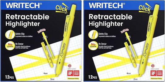 WRITECH Retractable Highlighters Chisel Tip: Fluorescent Yellow Ink Highlighter Marker Pens No Bleed & Smear Pack for Home School Office (12ct Yellow) (Pack of 2)