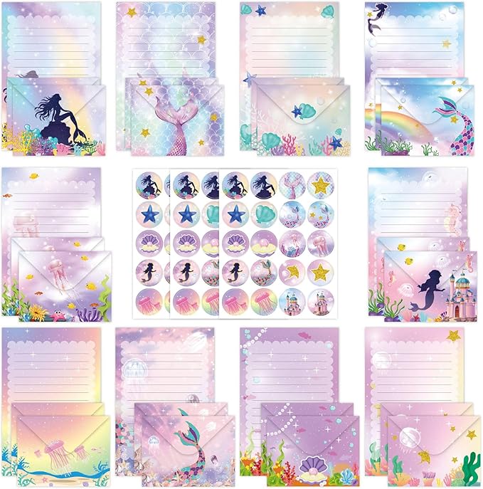 Mermaid Stationery Set with Cute Ocean Envelopes, Lined Paper, Sealing Stickers – 160 Pcs Under the Sea Fantasy Stationery Paper Envelopes Set for Girls, Writing Letters, Party Invitations