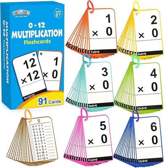 BenBen Multiplication Flash Cards 0-12, 91 Cards, Times Table Flash Cards with Rings, Multiplication Practice for Kids 8-12, 2nd 3rd 4th 5th 6th Grade, Math Flashcards for Homeschool Classroom