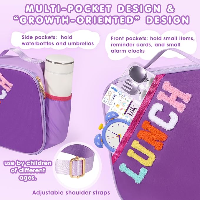 Nsrzua Lunch Bag Kids,Insulated Lunch Bag With Adjustable Shoulder Strap,Reusable Lunch Bag for Kids, Girls,Boys, lunch Bag Women,Preppy Lunch Box for School,Travel, Picnic (dark purple)