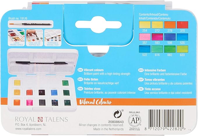 Van Gogh Watercolor Paint Set, Plastic Pocketbox, 12-Half Pan Vibrant Colors Selection