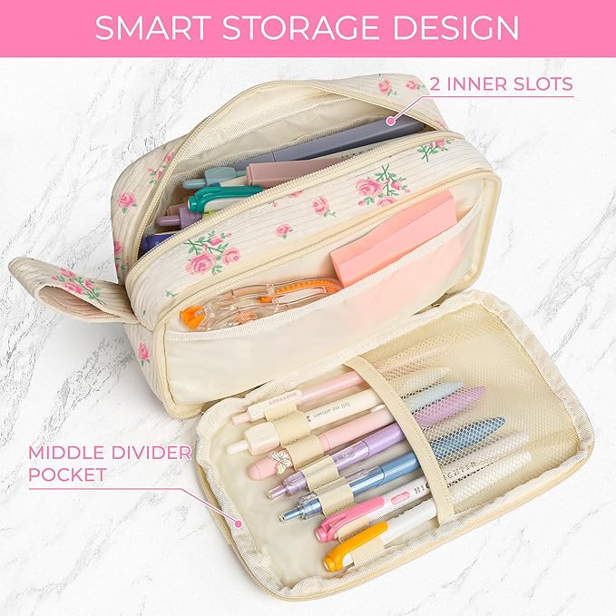 WOBAGMEN Cute Pencil Case,Large Corduroy Zippered Pencil Case Pouch, aesthetic Pencil Bag with Compartments, Pencil Pouch School Supplies (HY-corduroy pc-pink floral)