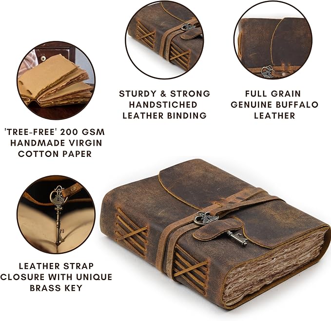 LEATHER VILLAGE Vintage Leather Journal – 200 Handmade Vintage Deckle Edge Paper – Leather bound Journal For Women Men – Vintage Key Closure - Book of Shadows - Cappuccino Brown - 13X8 inches