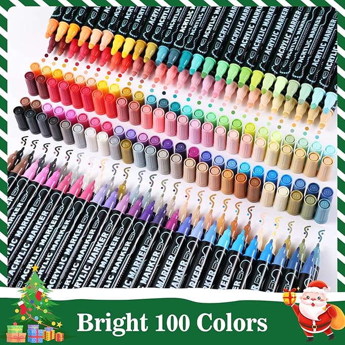 nauets 100 Colors Dual Tip Acrylic Paint Markers, Premium Dot & Fine Tip Acrylic Paint Pens for Rock, Wood, Fabric, Canvas, Glass, Scrapbook, Paper, Ceramic, Egg, and DIY Crafts Supplies Art Gifts