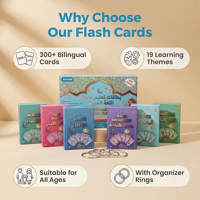 Arabic Flash Cards - Arabic Vocabulary Flash Cards for Beginners and Toddlers, Kids, Teens and Adults Include First Words, Nouns, Verbs