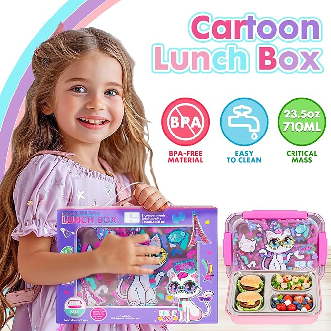 Stainless Steel Bento Lunch Box for Kids, 710ml/23.5oz BPA-Free Leak-Proof Food Containers with 3 Compartments, Back to School Students Daycare Lunches Snack Container Size for Ages 3-7