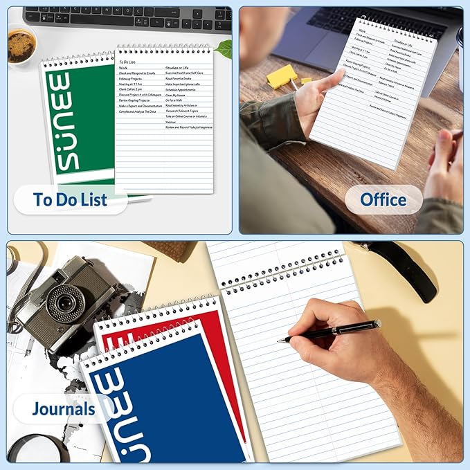 SUNEE Steno Pads 6x9 5 Pack, Gregg Rule, 60 Sheets, White Paper, Take Notes with Top Spiral Notebook, for School, University, College, Work, Office, Classic Color