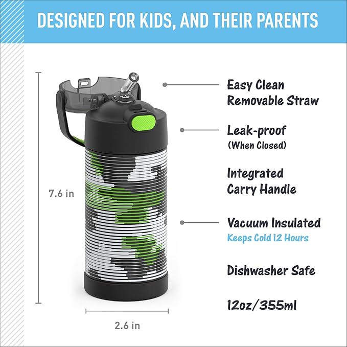 THERMOS FUNTAINER Water Bottle with Straw - 12 Ounce - Kids Stainless Steel Vacuum Insulated Water Bottle with Lid, Inline Camo