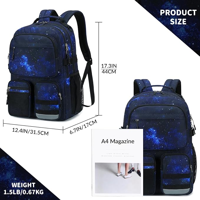 Lohol Water Resistant Backpack with Multifunctional Pockets for Teens, Durable Bookbag fits 15.6 inch Laptop for School Travel College, 25L (Black Blue Galaxy)