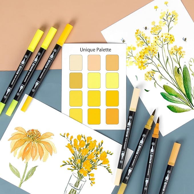 ZSCM Yellow Duo Tip Marker Pens, 12 Pack Fine & Brush Markers for Adult Coloring Books No Bleeding, Sunshine Yellow Markers for Summer Themes, Sunflower Art, Energetic Accents and Happy Doodles