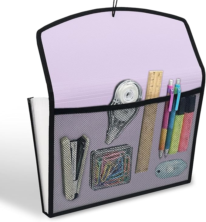 H4D 13-Pocket Accordion File Organizer with Mesh Pocket, Expanding File Folder with Tabs, Expandable Document Organizer for Home Office School, Letter Size, Pale Lilac