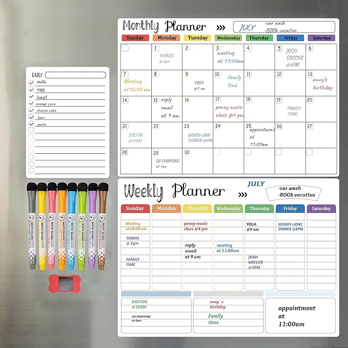 Hivillexun 3-Pack Magnetic Dry Erase Calendar Whiteboard Set for Fridge, Wall & Refrigerator Organisation – Monthly, Weekly & Daily Planners – Includes 8 Markers & Eraser