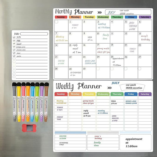 Hivillexun 3-Pack Magnetic Dry Erase Calendar Whiteboard Set for Fridge, Wall & Refrigerator Organisation – Monthly, Weekly & Daily Planners – Includes 8 Markers & Eraser