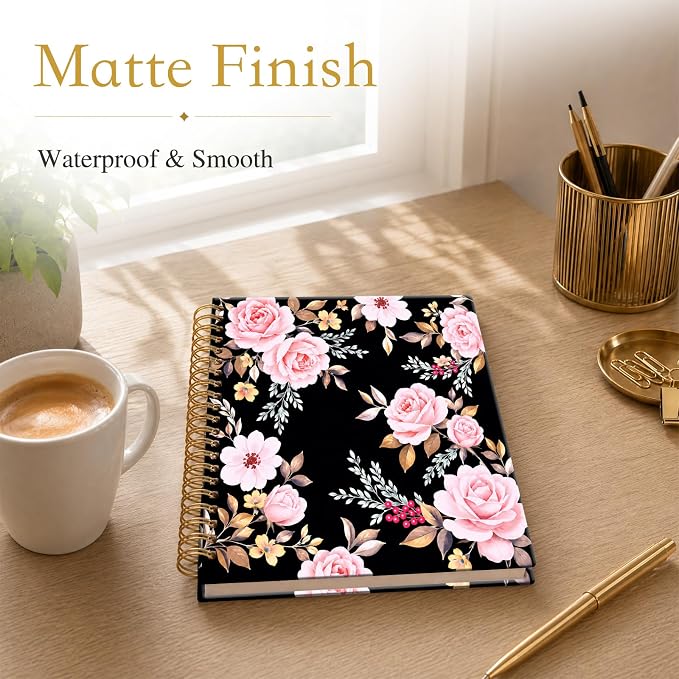 ATJFKIXL Cute Spiral Journal Notebook, A5 120 Page College Ruled Wirebound Notebook, Soft Cover for Students Office Notes and Planning - Black Rose Floral