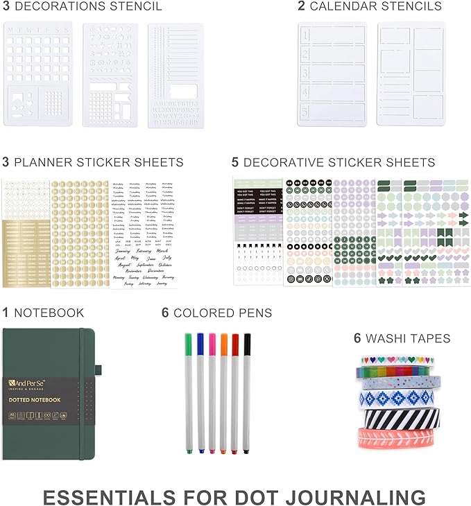 &And Per Se Dotted Journaling Kit – Journal Kit with Dotted Notebook, Stencils, Stickers, Washi Tapes & Colored Pens for Beginners (Green)