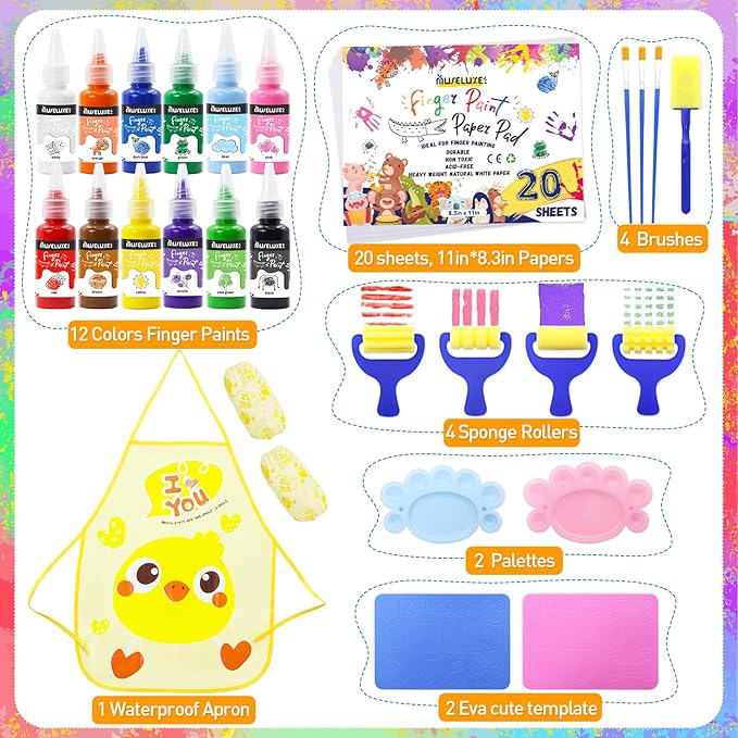 45PCS Kids Washable Finger Paint Kit,12 Colors Non Toxic Finger Paints,Art Painting Supplies for Toddlers - Paper,Brushes,Sponges,Children Drawing Gifts for Kids Boys Girls
