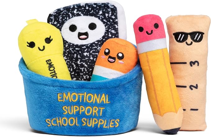 Emotional Support School Supplies Plush by Relatable - Cute Stuffed Animals and Squishy Toys, Fun Back to School Gifts for All Ages and Teacher Gifts - Includes 5 Plushies with Carrying Basket
