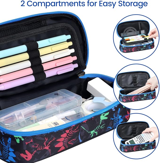 Cambond Pencil Case for Boys - School Pencil Pouch Kids, Black Dinosaur | Cute Pencil Case for Kids With Name Card and Slot, Boys Aesthetic Shool Supplies for Staionary, Water-Resistent Pen Bag